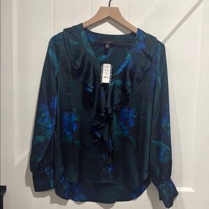 White House Black Market Teal and Blue Ruffle Blouse